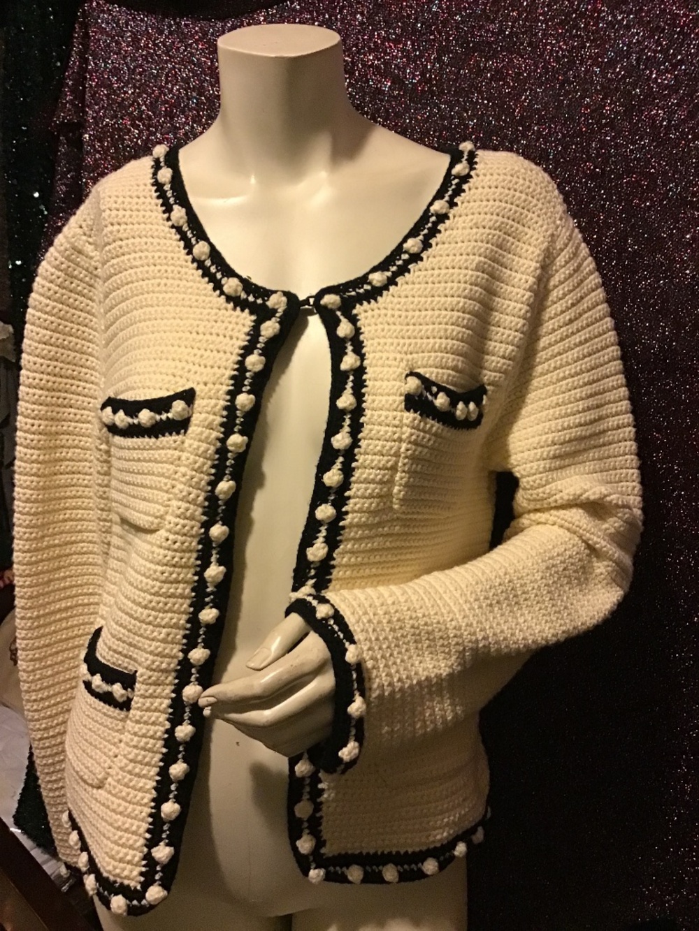 HUNTER BELL Russell Cream and Black Cropped Knit Cardigan